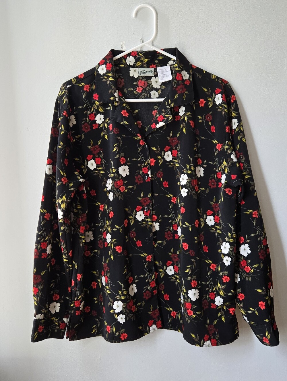 Vintage Penmans L Black Floral Blouse Long Sleeve Retro Silky Feel 90s Canadian